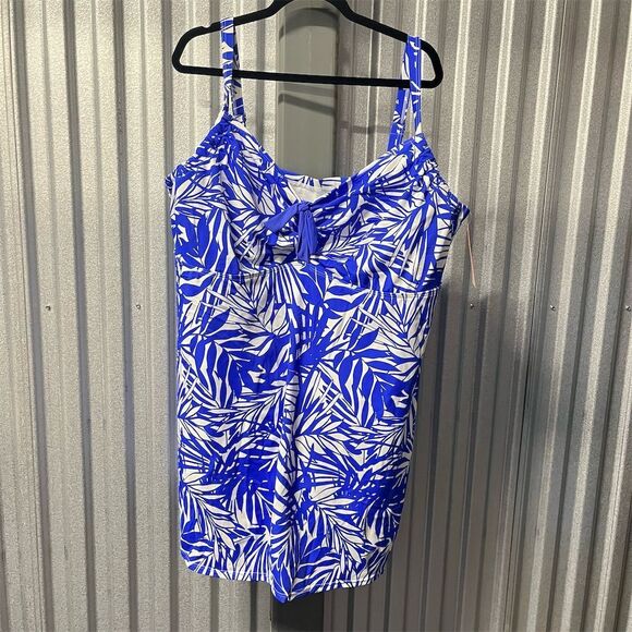 Swimsuits For All Swimsuit Women's 26 Plus Size Blue Leaf Print Swimdress 4X - Picture 1 of 11